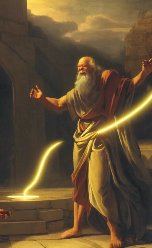 Image similar to Socrates casting an electricity spell. Digital art trending on artstation. 4k. Tyndall effect.