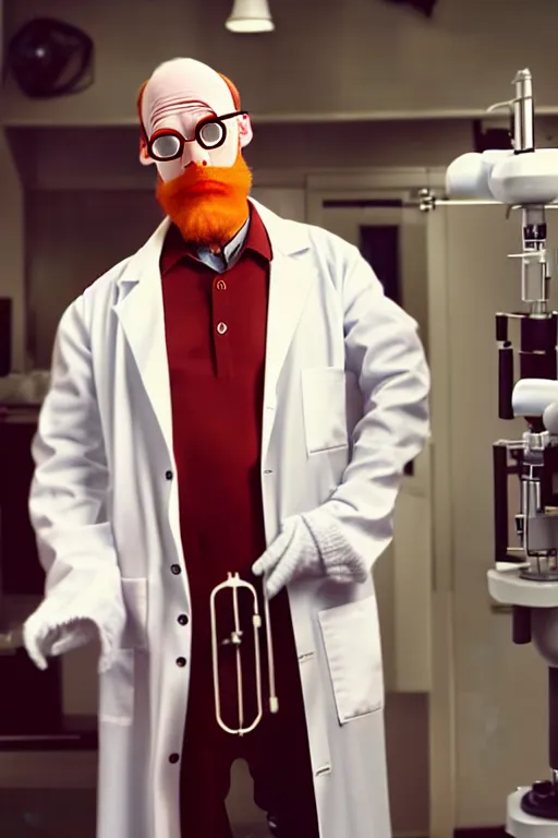 Prompt: an awkwardly tall scientist with 3 eyes and a tangled beard and unruly red hair atop his balding head wearing a labcoat and holding a beaker, high resolution film still, movie by Ivan Reitman