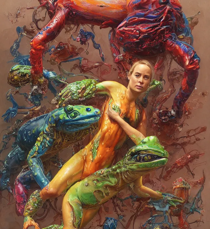 Prompt: brie larson as a brightly colored amphibian with wet mutated skin. she is trying on a infected organic alien suit. by tom bagshaw, donato giancola, hans holbein, walton ford, gaston bussiere, peter mohrbacher and iris van herpen. 8 k, cgsociety