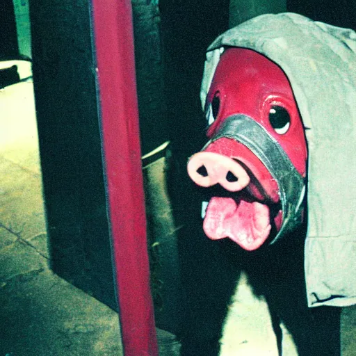 Image similar to creppy 2 0 0 3 photo of a pig masked man screaming in a dark red slaughterhouse