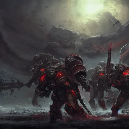 Prompt: a group of space marines battling against an eldritch abomination, high detail, warhammer, cinematic, high resolution, concept art, dark atmosphere, fog, trending, stunning shot