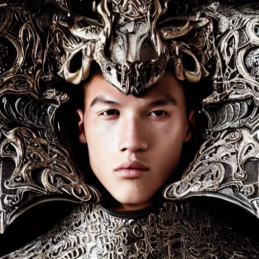 Prompt: a portrait of a beautiful young male wearing an alexander mcqueen armor made of dragon skin , photographed by andrew thomas huang, artistic