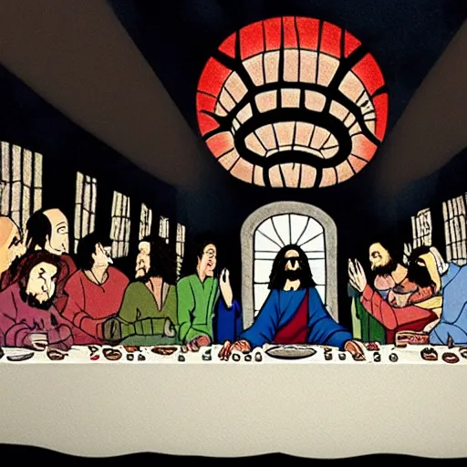 Prompt: The last supper by tim burton, studio ghibli, 4K, OLED, excellent detail, masterpiece