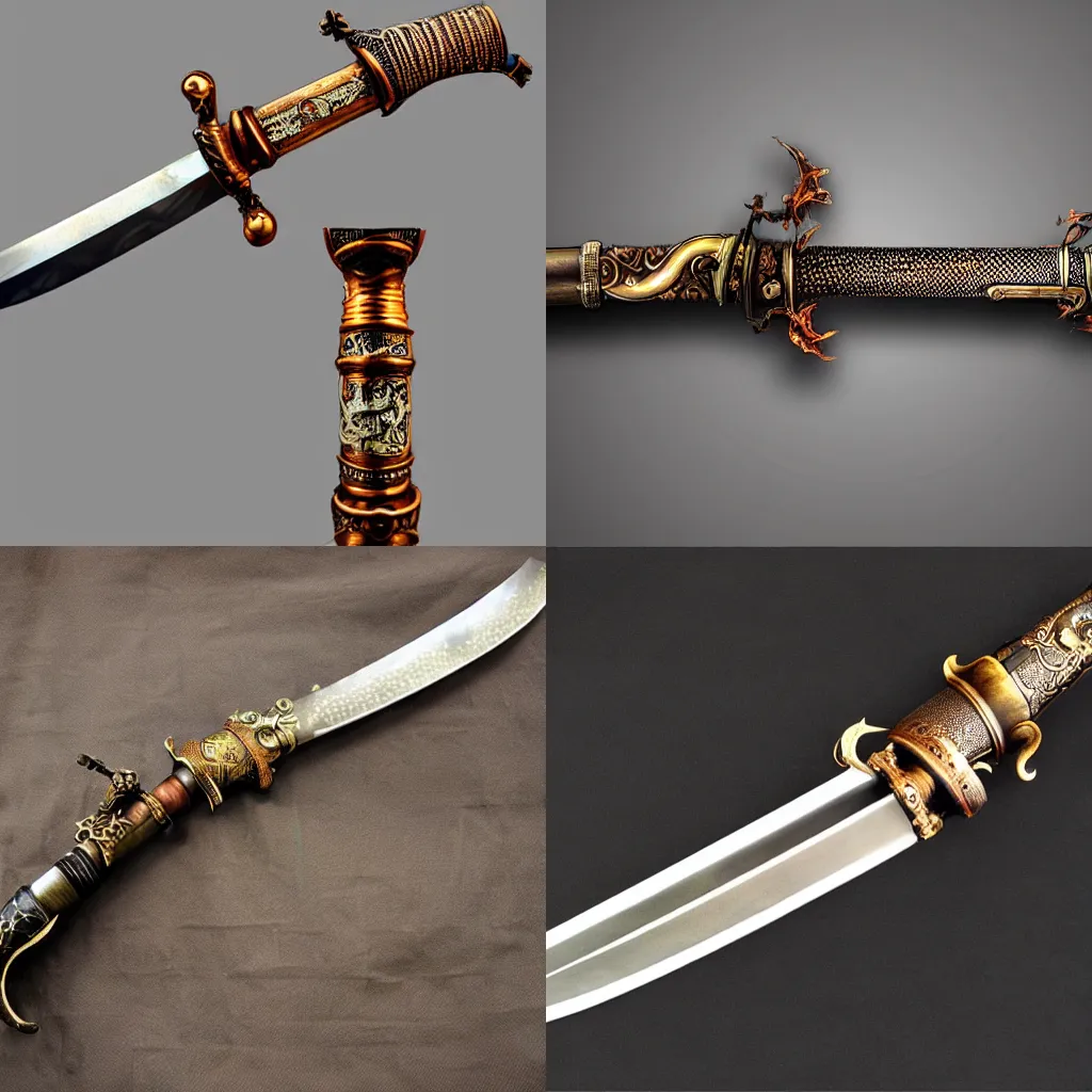 Prompt: steampunk detailed sword embraced by fire