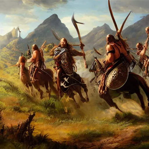 Prompt: a detailed oil painting of charging viking army on horseback over a lush valley + one heavy axe wielding viking warrior leading the brigade