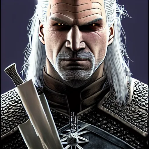 Image similar to ultra realistic portrait painting of geralt of rivia, art by akira toriyama, 4 k, dragon ball artstyle, cel shaded, highly detailed, epic lighting