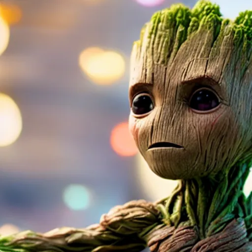 Image similar to baby groot getting bigger, meaner and transforming into hulk, dc universe, bokeh, high quality dof