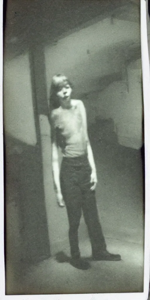 Prompt: found polaroid photo of a pale cryptid in a musty basement