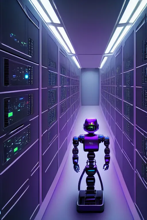 Image similar to hyperrealistic medium shot robot! in data center server building highly detailed concept art eric zener elson peter cinematic hard purple lighting high angle hd 8 k sharp shallow depth of field, inspired by david paul cronenberg and zdzisław beksinski