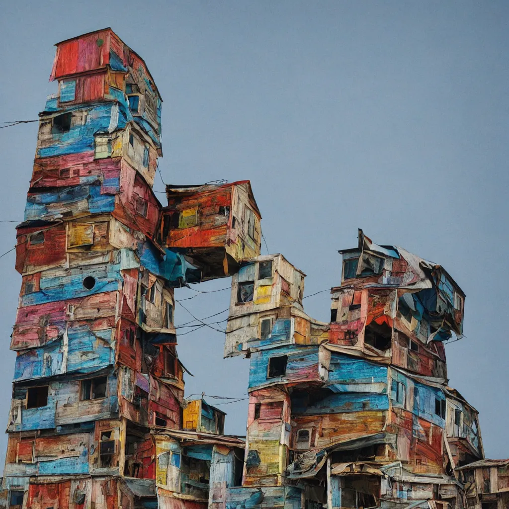 Prompt: close - up view of a tower made up of colourful makeshift squatter shacks, faded colours, plain off white sky, mamiya, very detailed, photographed by cristina de middel