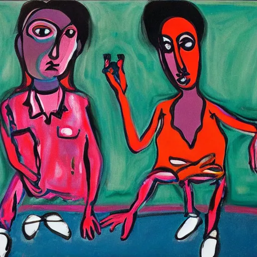 Prompt: two ravers at the club painted by Alice Neel