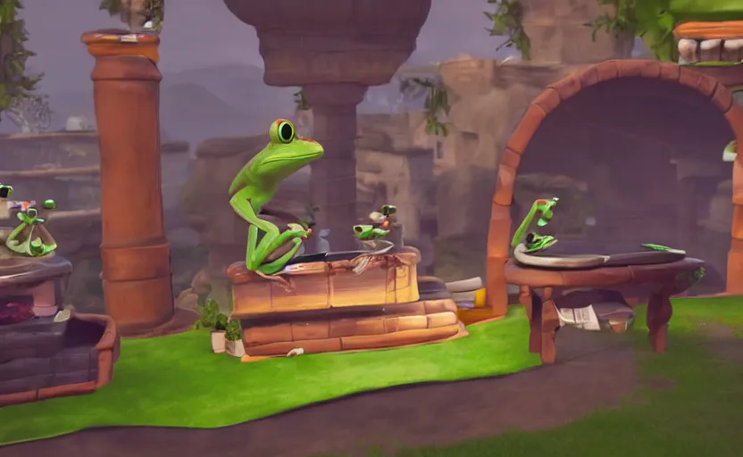 Prompt: ps 5 game about a cute frog chef in italy, unity screenshot,