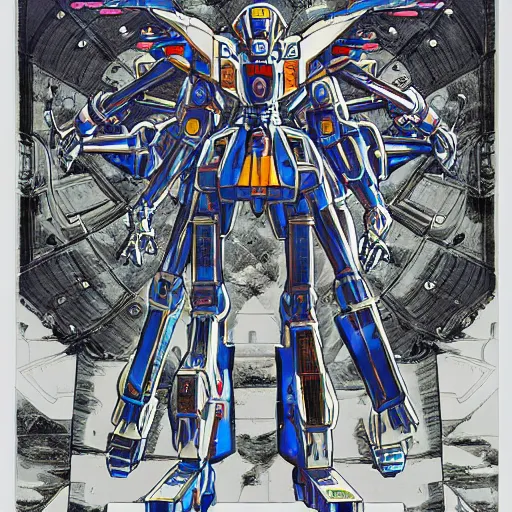 Image similar to vitruvian mecha, isometric concept gundam macross evangelion, illuminated features, ink outlines, detailed hatching, dramatic moonlit lighting, diagram specifications notations, by alex pardee, dan mumford