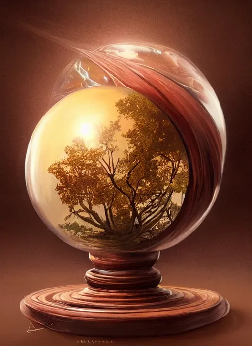 Image similar to crystal ball on a wood stand with a beautiful dreamscape inside, studio product photography, centered, super highly detailed, professional digital painting, artstation, concept art, smooth, sharp focus, extreme illustration, unreal engine 5, photorealism, beautiful, cinematic, art by artgerm and rutkowski and alphonse mucha and loish and wlop