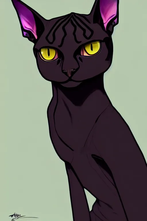 Prompt: a drawing of a black sphynx cat wearing a black suit and tie, smug expression, sideways stance, torso cut off, looking up at focal point, a character portrait by ilya kuvshinov, featured on pixiv, official art, concept art