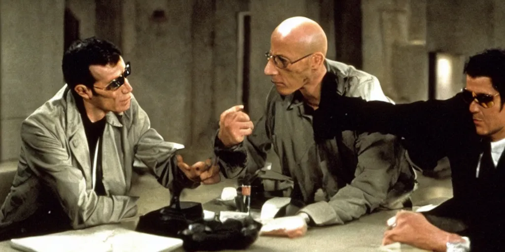 Prompt: Scene from Matrix 5 where Neo meets Michel Foucault played by Rock Hudson