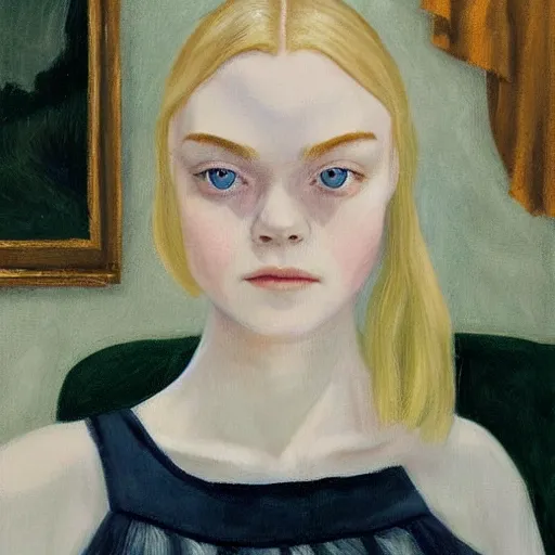 Image similar to Painting of Elle Fanning as a tarot card, long blonde hair, delicate, pale milky white porcelain skin, occult, by Edward Hopper. 8K. Extremely detailed.