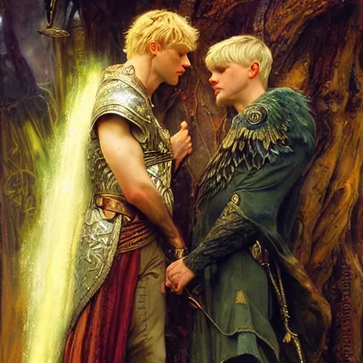 Image similar to stunning arthur pendragon in love with stunning male merlin the mage. they are close to each other, touching, looking. highly detailed painting by gaston bussiere, craig mullins, j. c. leyendecker