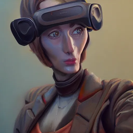 Prompt: a character in vr, oil painting, pale colors, high detail, 8 k, wide angle, trending on artstation,