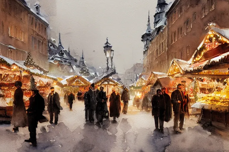 Prompt: abstract watercolor painting of stockholm street, magic diamond crystal winter, traditional christmas market, cinematic light, national romanticism by anders zorn, by greg rutkowski, by greg manchess