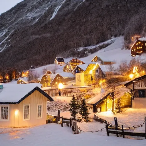 Prompt: a small Norwegian village by the fjord decorated for christmas