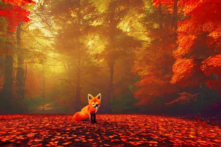 Image similar to super detailed color lowpoly art, red fox in an autumn maple forest, unreal engine, retrowave color palette, 3 d render, lowpoly, colorful, digital art, perspective