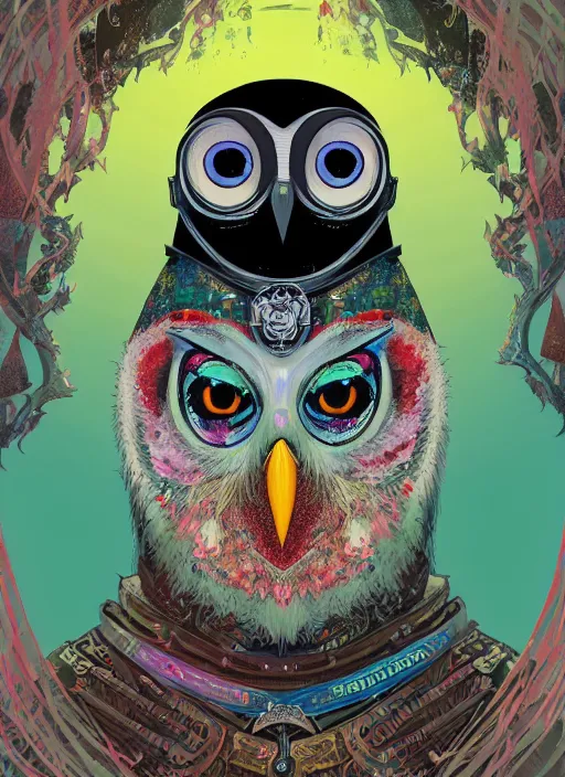 Prompt: arrogant medieval portrait of white owl with one giant eye dressed in samurai garment, pixiv fanbox, dramatic lighting, maximalist pastel color palette, splatter paint, pixar and disney exploded - view drawing, graphic novel by fiona staples and dustin nguyen, peter elson, alan bean, wangechi mutu, clean cel shaded vector art, trending on artstation