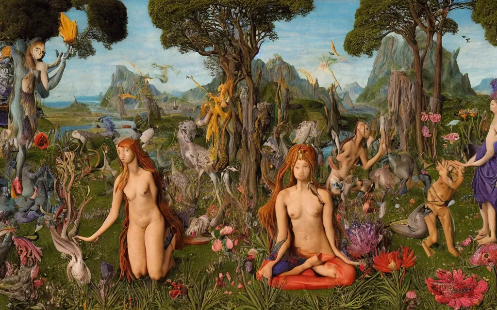 Image similar to a photograph of a meditating centaur shaman and a harpy mermaid feeding animals. surrounded by bulbous flowers, animals and a few trees. river delta with mountains and cliffs under a blue sky full of burning stars and birds. painted by jan van eyck, max ernst, ernst haeckel, ernst fuchs and artgerm. trending on artstation