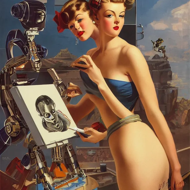 Image similar to robot artist painting a self - portrait on a canvas. intricate, highly detailed, digital matte painting in the style of gil elvgren and in the style of stephen hickman. irony, recursion, inspiration.