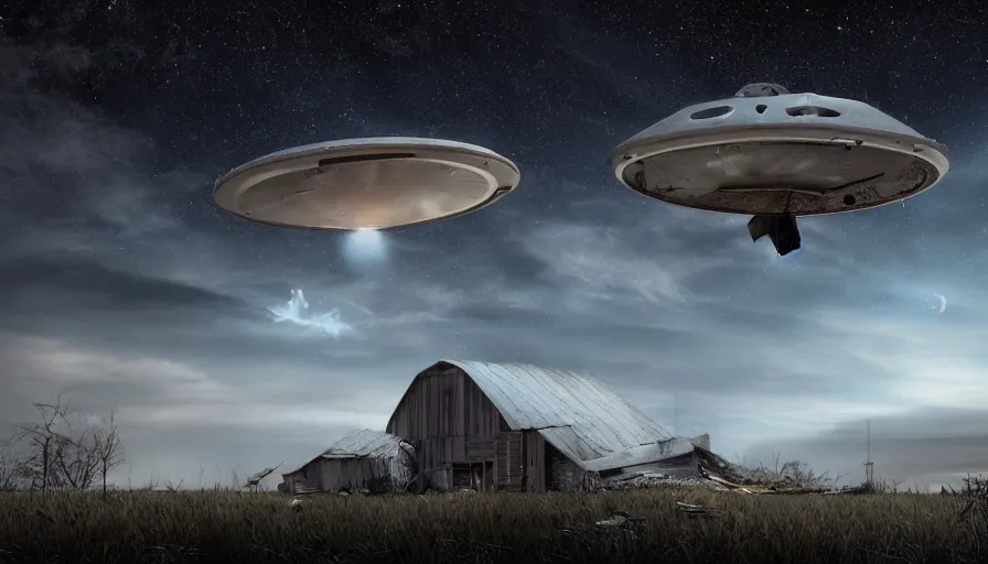 Prompt: a ufo floats over a broken barn, debris floats upwards, volumetric lighting, night, photorealistic rendering, color palette, 8 k, hyperdetailed