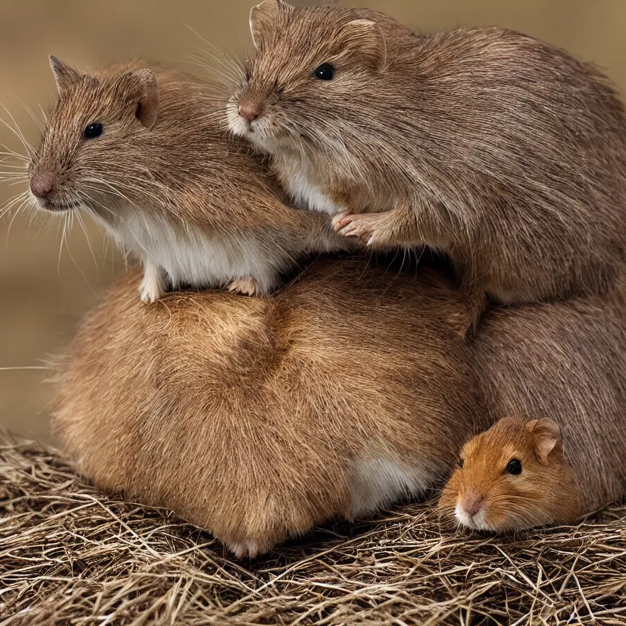 Image similar to a harvest mouse sitting on top of a cat sitting on top of a capybara, high definition, national geographic, award winning, god rays, 8k, 35mm wide angle photograph