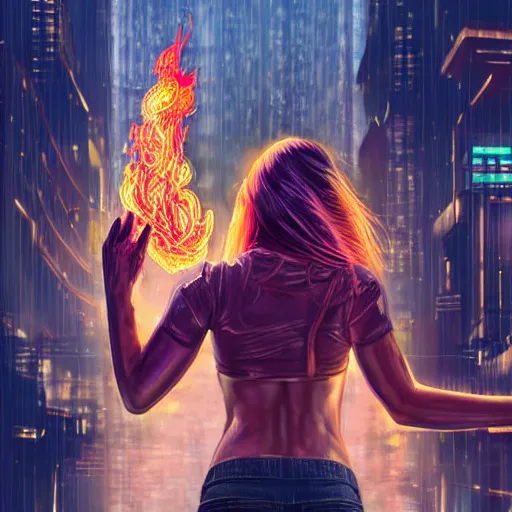 Prompt: beautiful young woman from behind with flames coming out of hands flying in a cyberpunk city, very detailed, realistic, symmetrical face, art by digital painting,