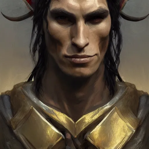 Image similar to character design, portrait of a attractive half elf half orc male with long black hair and proeminent cheekbones, medieval, dark armor, tribal, painting by wlop, nixeu and greg rutkowski, beautiful, cgsociety, semirealism, artstation, octane render, sharpness, 8 k, golden ratio
