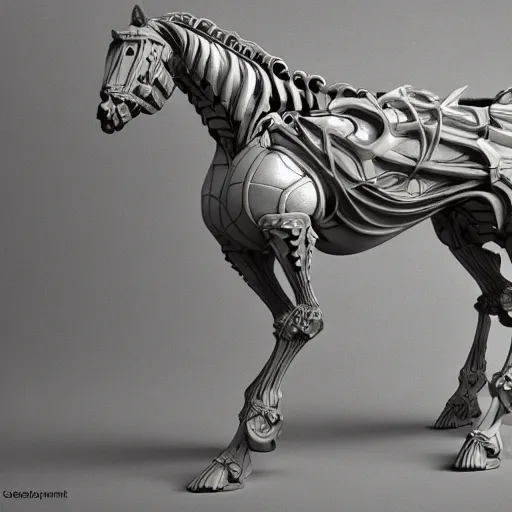 Image similar to biomechanical horse made of marble and crystal, fractal 3 d structure, intricate details, octane render, soft lighting