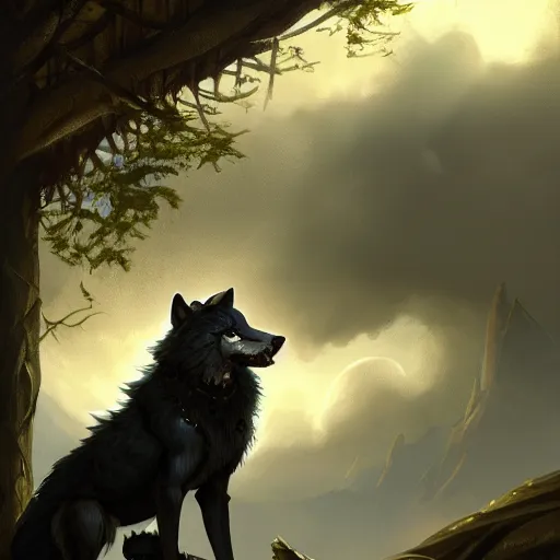 Image similar to an anthropomorphic wolf in a black doublet looking out over the hills, artstation hq, stylized, greg rutkowski, sharp focus, concept art, furaffinity fursona, furry, anthropomorphic