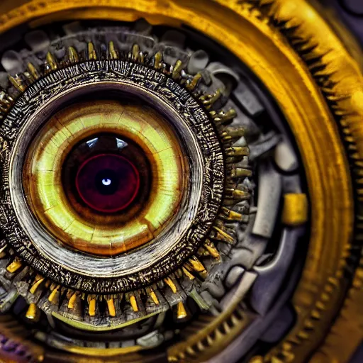 Image similar to a macro photo of a mechanical eye, close - up, intricate details, intricate gears and lenses, intricately detailed engravings, intricately detailed markings, intricate textures, warm lighting, vivid colors, realistic octane render, hyper realistic render, volumetric shading, depth of field, raytracing, 8 k,