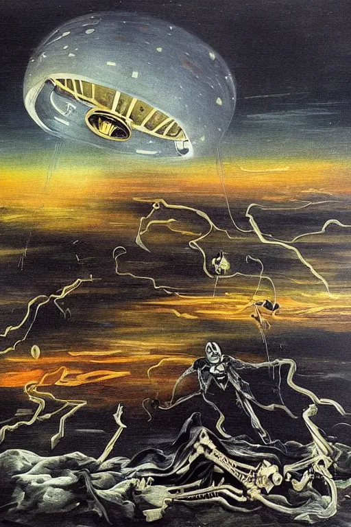 Prompt: a UFO hovering in a stormy sky, on the ground a Skeleton fights with the grim reaper, cinematic lighting, Avantgarde, surrealistic painting with broad messy brushstrokes by Salvator Dali, František Muzika and max ernst