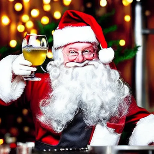 Prompt: Santa working as a bartender serving mentally challenged elves