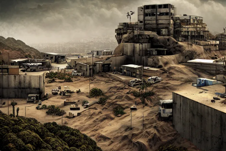 Image similar to favela hospital hangar bunker, desert environment, industrial factory, cliffs, gloomy, milky way, award winning art, epic dreamlike fantasy landscape, ultra realistic,