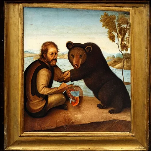 Prompt: a renaissance oil painting of a bear and a man with a goatee sitting by the river having a drink.