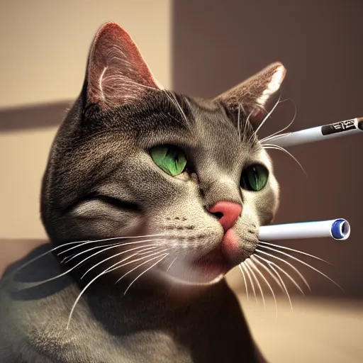 Image similar to ultra realistic cat smoking cigarette wearing mafia hat, ultra realistic, 8 k resolution, detailed, real life