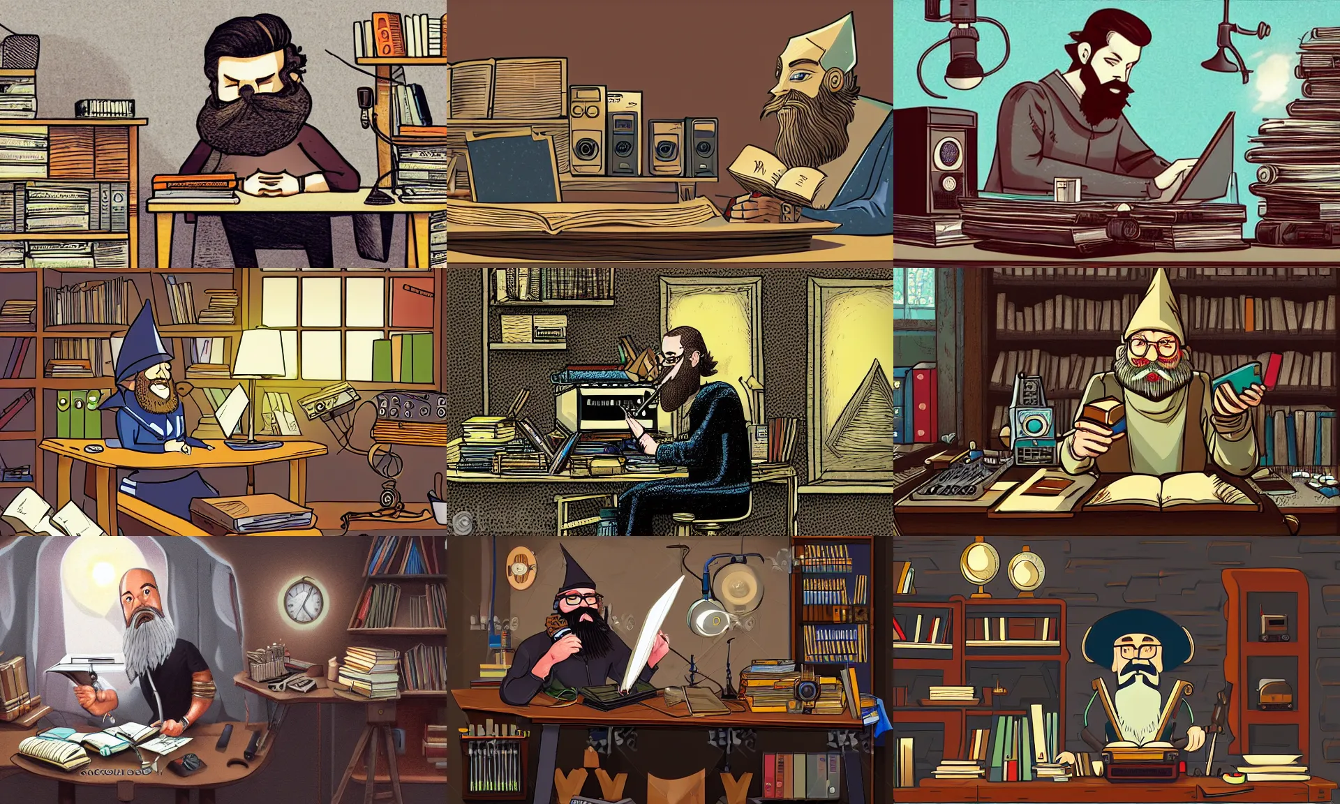 Prompt: A bearded wizard uses radio equipment at a desk cluttered with tomes, digital 2d fantasy art