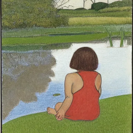 Image similar to Mixed media art. a young girl is sitting on the edge of a pond, with her feet in the water. She is looking at a frog that is sitting on a lily pad in the pond. colored pencil art by Horace Pippin jaunty