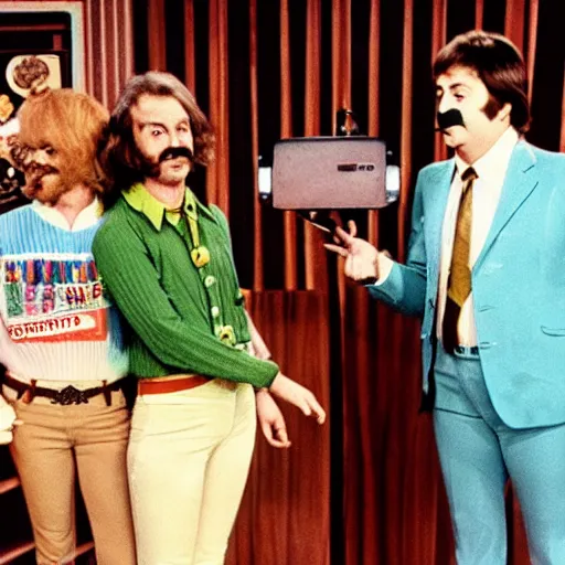 Prompt: on the full color tv set of captain kangaroo, 7 0 s color grade, guest starring john lennon