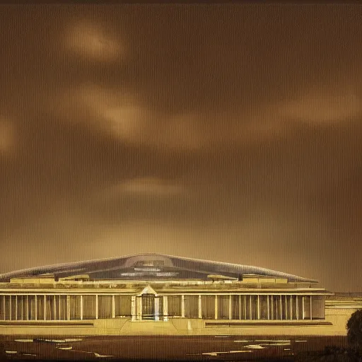 Prompt: australian parliament house in the style of john martin, epic, volumetric, dark lighting, painting, canberra