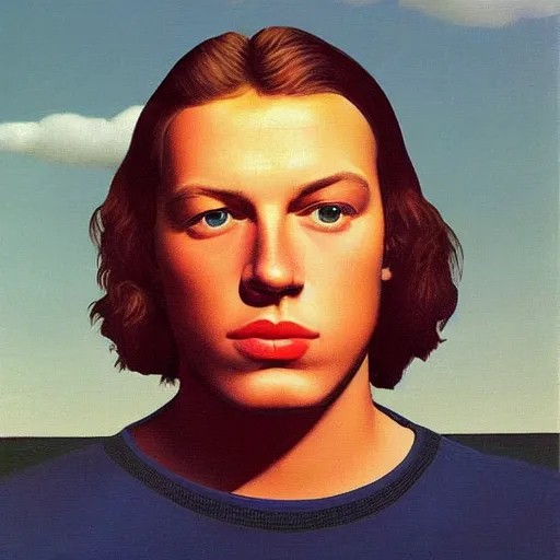 Image similar to painting of a young david gilmour by rene magritte, hd, 4 k, detailed, award winning