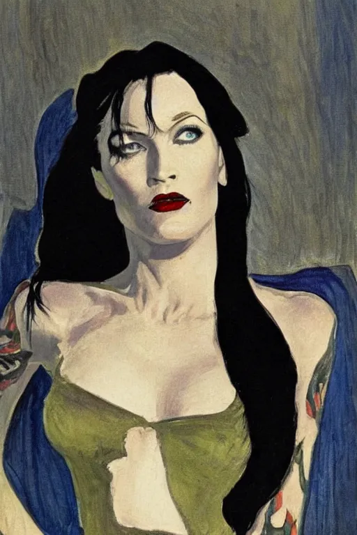 Prompt: portrait of megan fox morticia addams as death of the endless, the sandman by walter sickert, john singer sargent, and william open