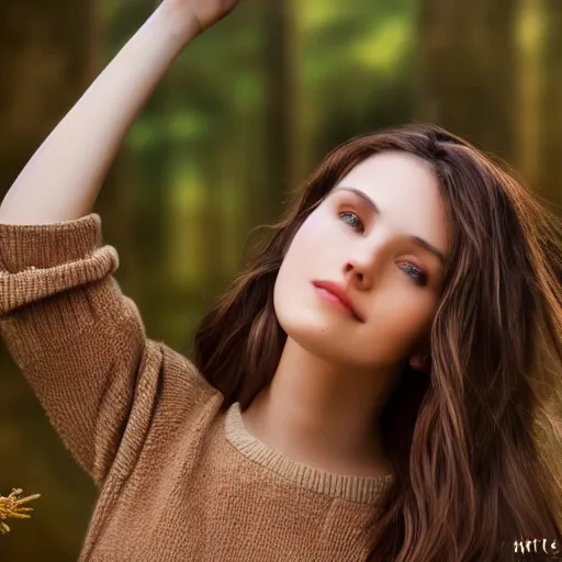 Prompt: real life photo of a beautiful girl, full body photoshoot, long brown hair, brown eyes, full round face, short smile, belly free, brown sweater, forest setting, cinematic lightning, medium shot, mid - shot, highly detailed, trending on artstation, unreal engine 4 k, 8 0 mm, 8 5 mm, cinematic wallpaper