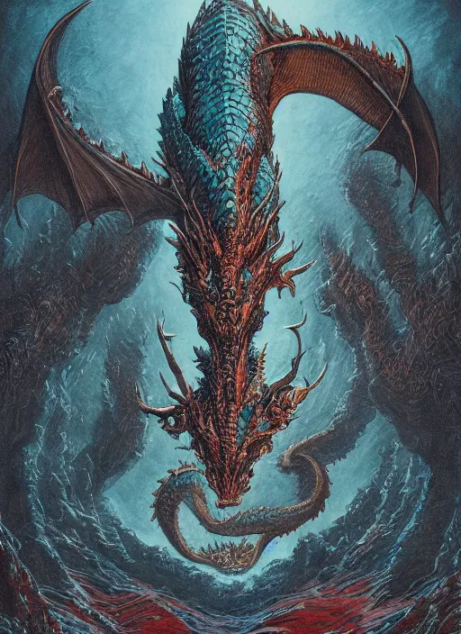 Image similar to a photographic portrait of a dragon by gustave dore and raphael lacoste and dan mumford, trending on artstation, a leopard - like sea beast, a two - horned earth beast, natural earth tone colors, cerulean blue, cyan, red