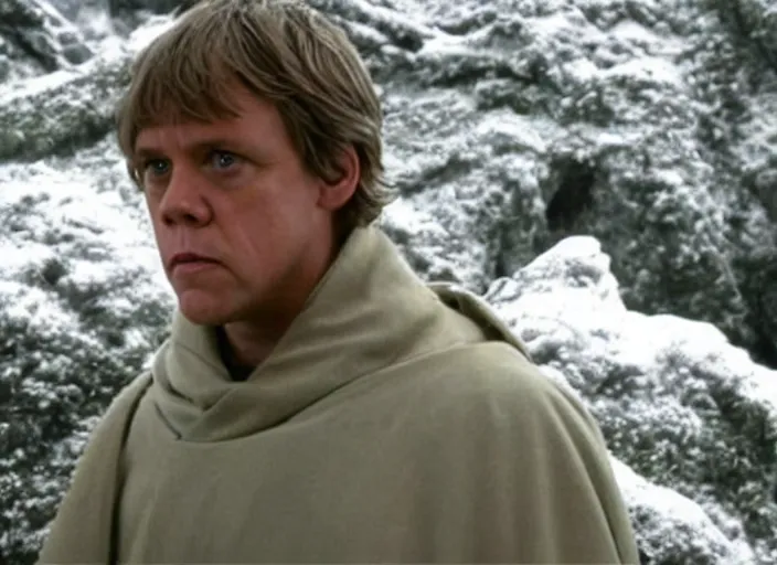 Image similar to luke skywalker in hbo's succession, snowing green particles from the sky, alien planet